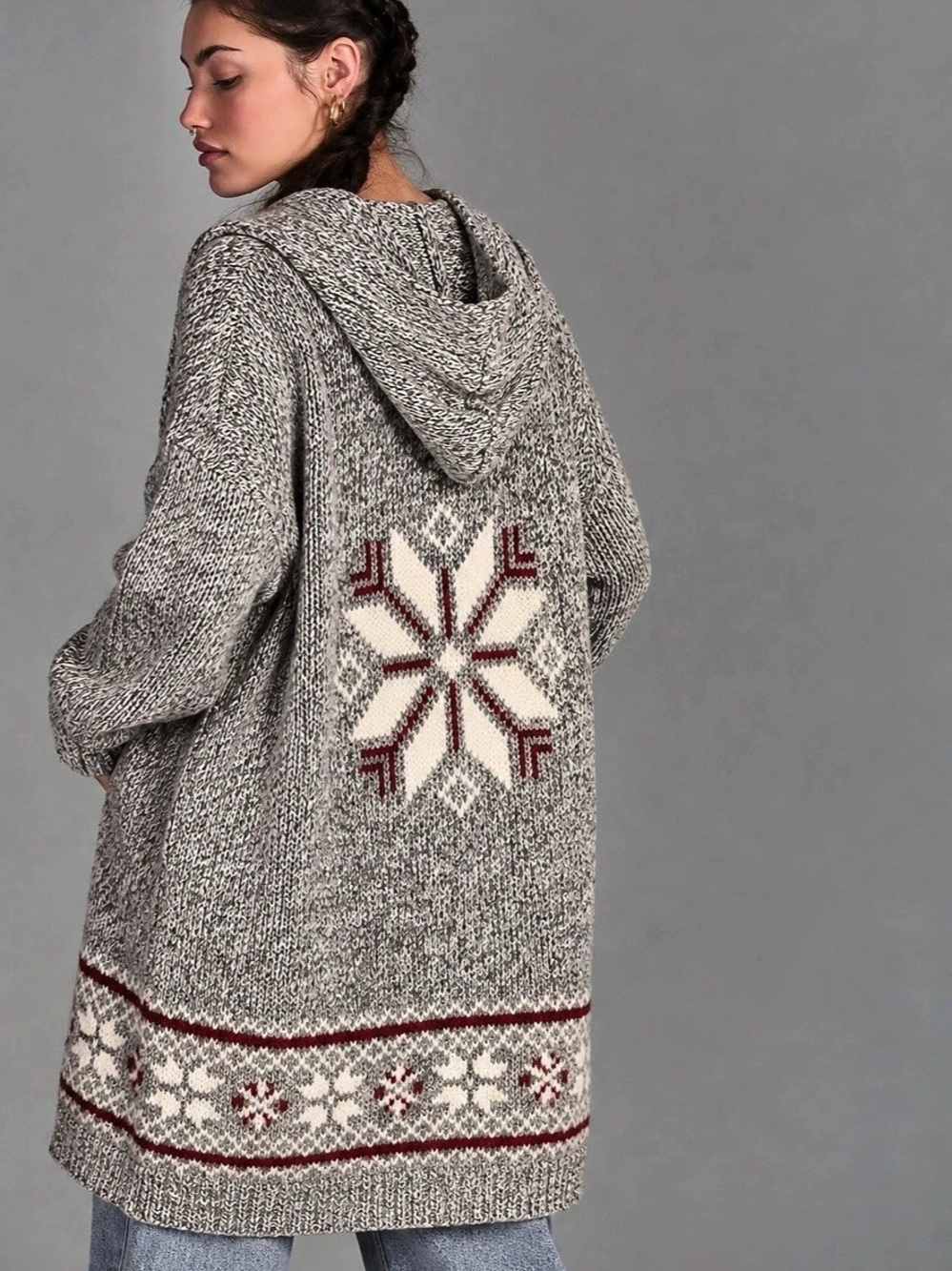 399. Cottage Collection Hooded Snowflake Cardigan in Gray & Red Size Medium Like